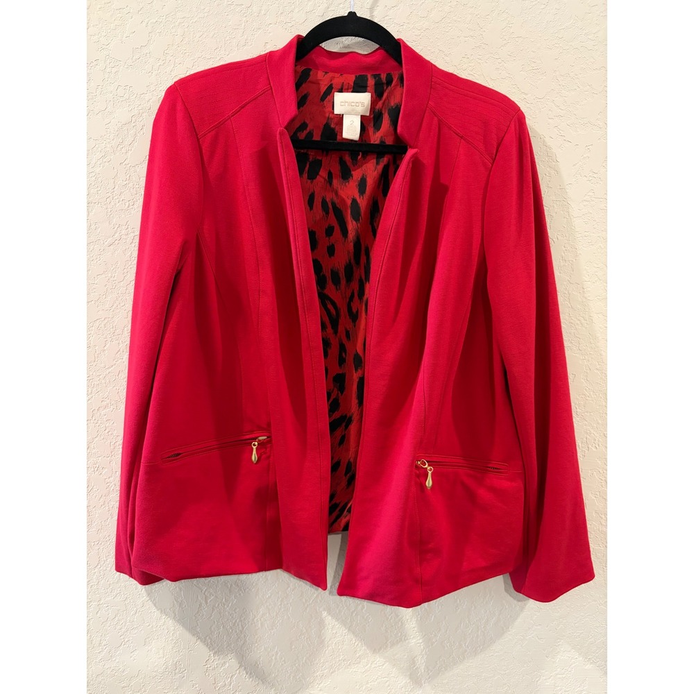 Chicos Red Open Front Blazer Leopard Print Lining Size 2 XL Zip Pockets Stretch